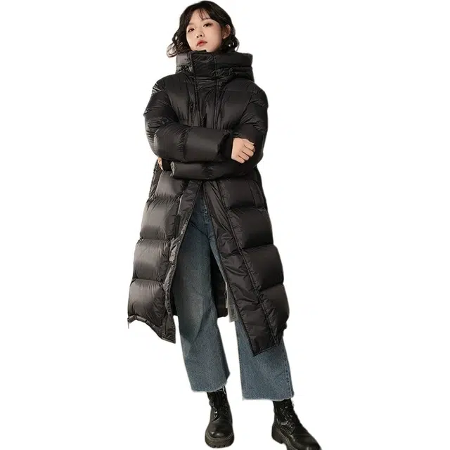 羽物 白鸭绒加长款纯色连帽长袖羽绒服 男女同款 黑色