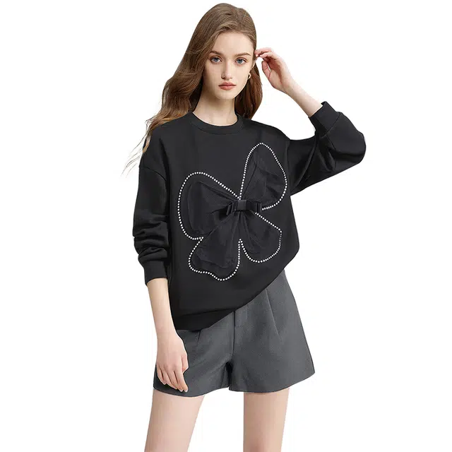 她池 立体网纱蝴蝶结圆领套头卫衣 女款