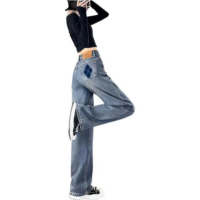 惟熙 高腰阔腿裤女薄款撞色小个子宽松垂坠感拖地直筒长裤牛仔裤 女款 蓝色