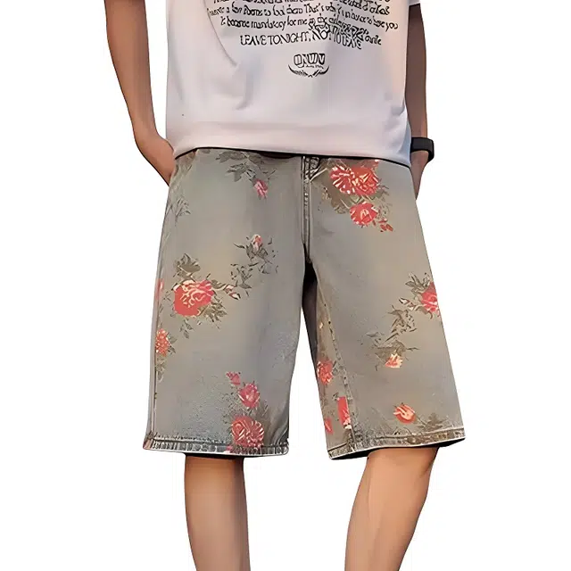 单爵 玫瑰花薄款美式高街设计感裤子潮牌牛仔短裤 男女同款