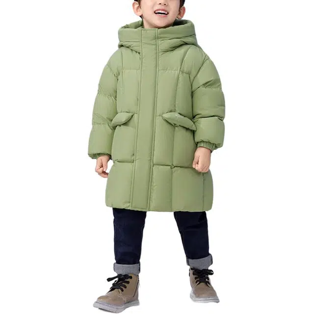 鸭鸭 防风保暖宽松中长款连帽加厚鸭绒羽绒服 中小童