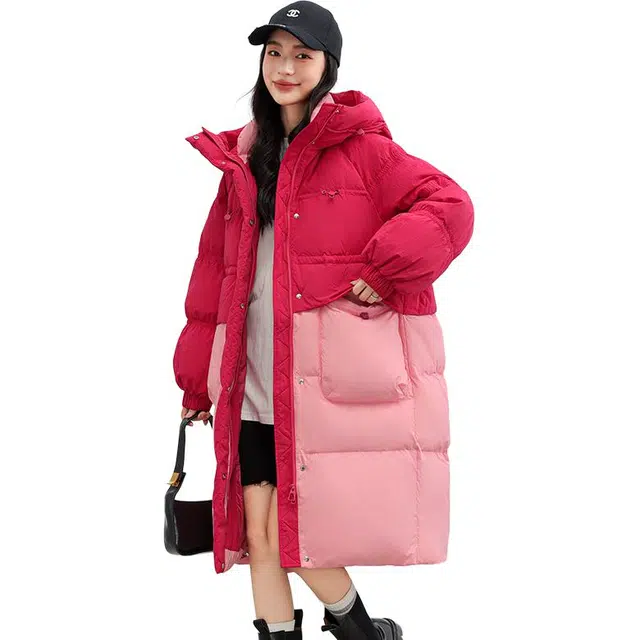 鸭鸭 中长款连帽撞色拼色韩版甜美校园风通勤时尚百搭羽绒服 女款