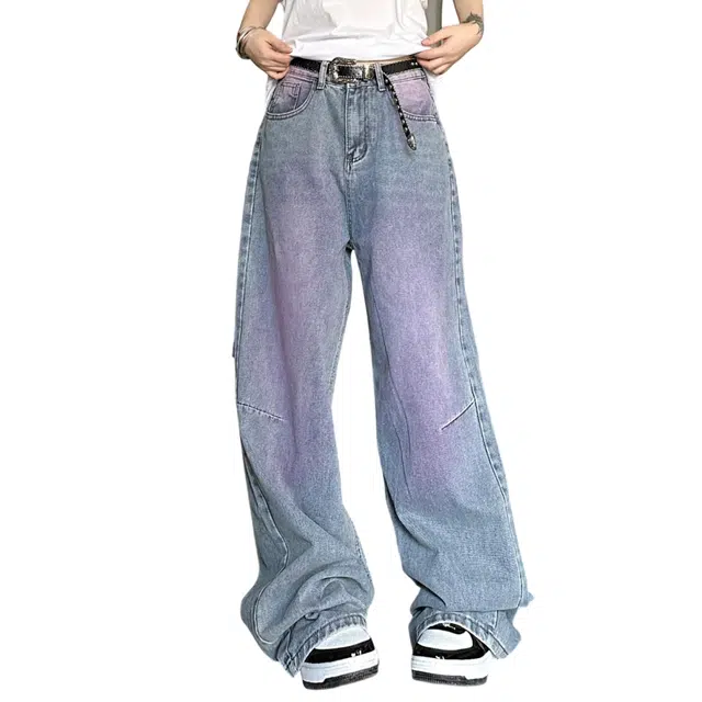 冈哉 美式高街个性扎染涂鸦水洗做旧设计时尚潮流百搭日常通勤舒适显高显瘦柔软休闲宽松牛仔裤 男女同款