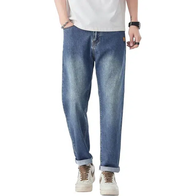 宝米卡 薄款弹力休闲潮牌宽松直筒锥形牛仔裤 男女同款