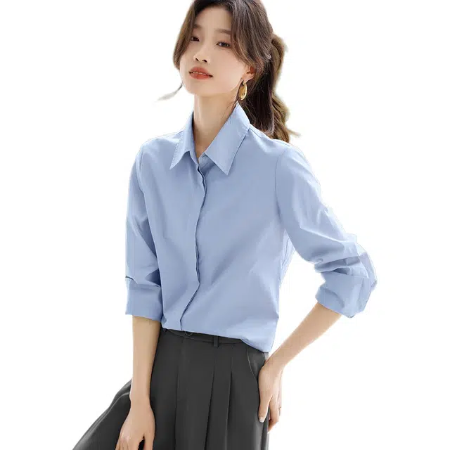 沫晗依美 挺括轻职场纯色翻领商务通勤日常便服长袖衬衫 女款