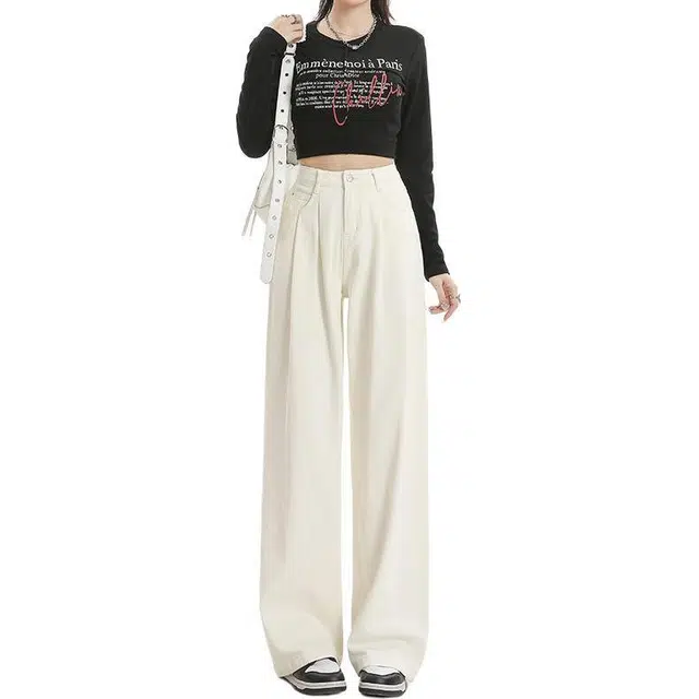 玫丝朵 高腰褶皱设计宽松阔腿拖地休闲裤 女款