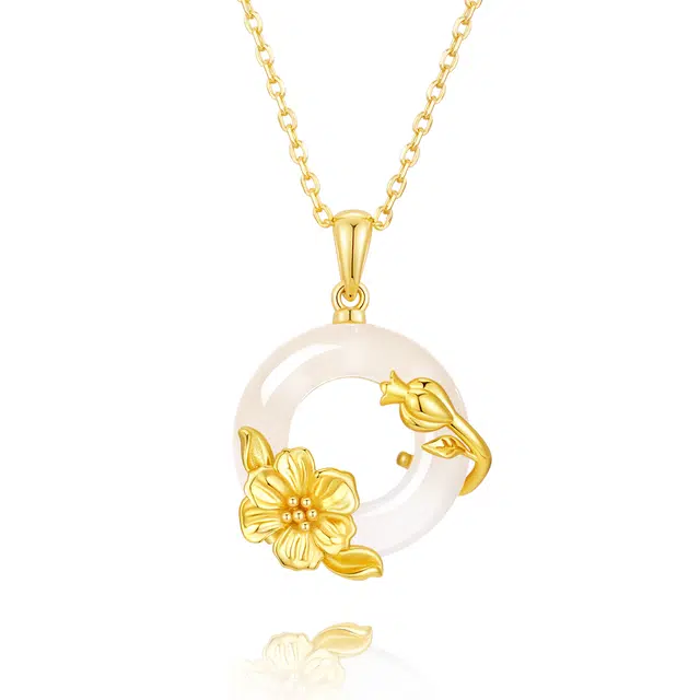 【富贵满堂】中国黄金 珍·尚银 石榴平安扣吊坠 妈妈 新中式繁荣兴旺顺顺利利事事如意锁骨链 小众轻奢质感礼盒装 女友 玉髓 玉石项链 女款