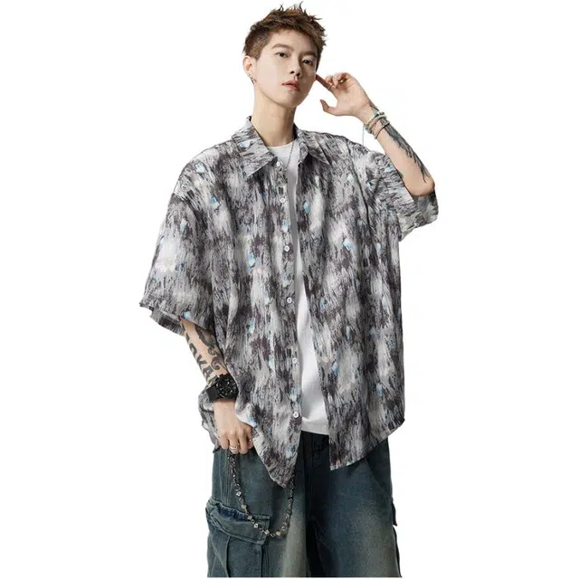 颂希尔 美式港风碎花夏季薄款垂感夏威夷度假宽松上衣短袖衬衫 男女同款