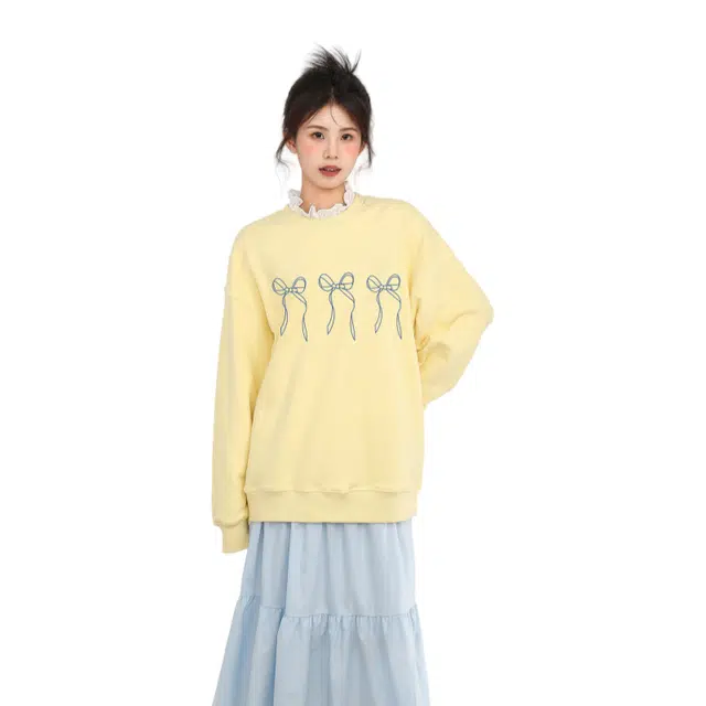 柏黛妃 蝴蝶结圆领小个子韩系宽松套头长袖卫衣 女款 黄色