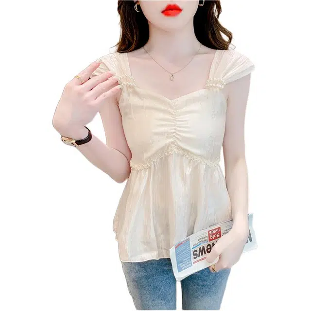 沐晓欣 韩版别致扭结吊带减龄收腰无袖衬衫 女款