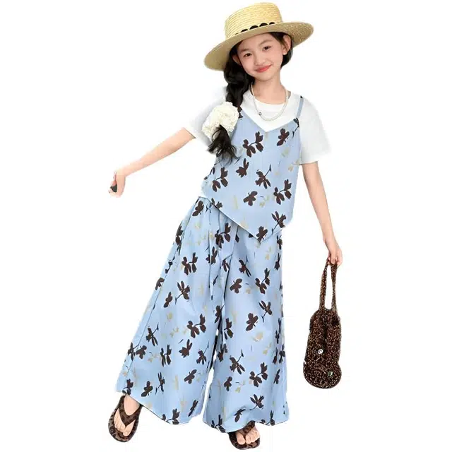 天才小熊休闲运动套装 女童夏季大童潮牌小孩衣服 小女孩碎花短袖洋气时髦 漂亮 甜美