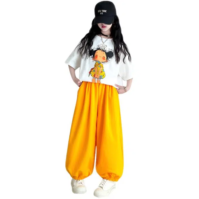 木木兔休闲运动套装 时髦洋气夏季潮流时尚女孩美式宽松舒适中大童灯笼裤两件套