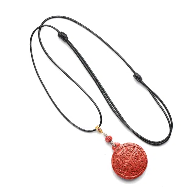 仙源 海纳百川吸金进财 饕鬄瑞兽圆牌皮绳锁骨链  再造辰砂朱砂 项链 男女同款情侣款