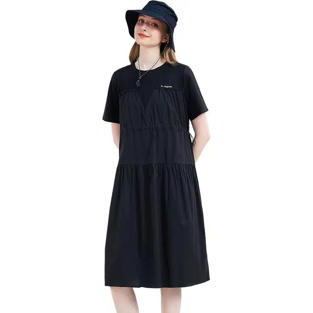 木果果木 夏季时尚优雅拼色常规袖圆领休闲风假两件宽松腰短袖连衣裙 女款