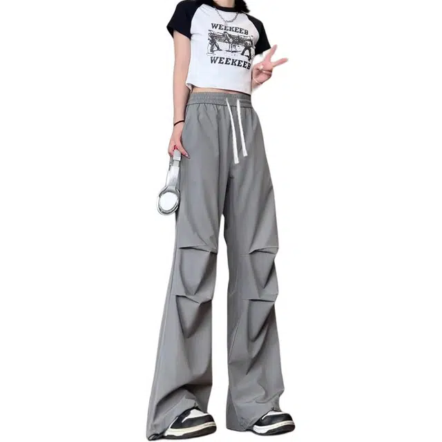 物质公式 凉感美式高街复古纯色基础款简约防水冰丝速干直筒垂感松紧绳宽松百搭慵懒风高腰拖地裤透气伞兵裤阔腿工装休闲裤 男女同款