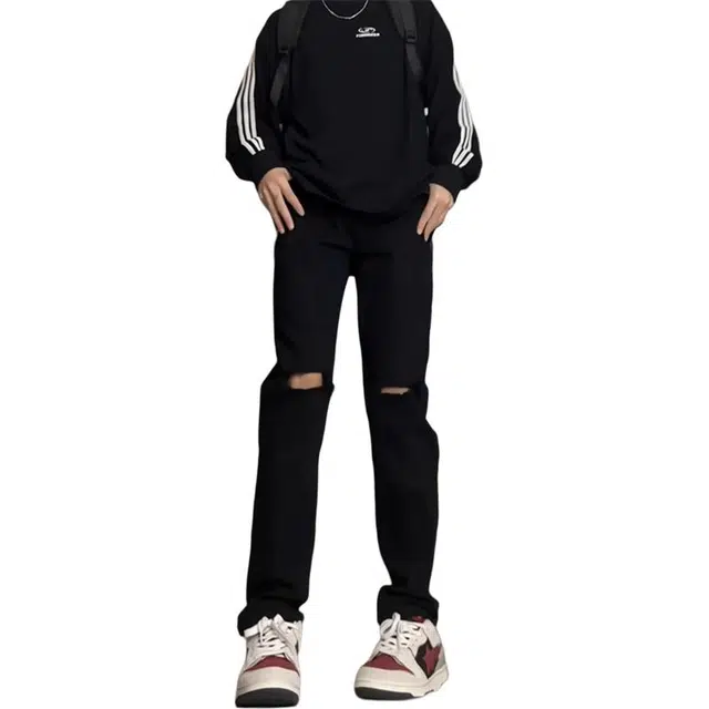 单爵 夏季薄款痞帅潮牌破洞裤子弹力直筒长裤牛仔裤 男女同款