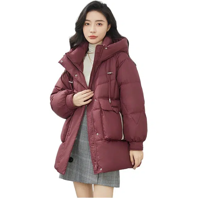 鸭鸭 纯色中长款韩版连帽面包服羽绒服 女款