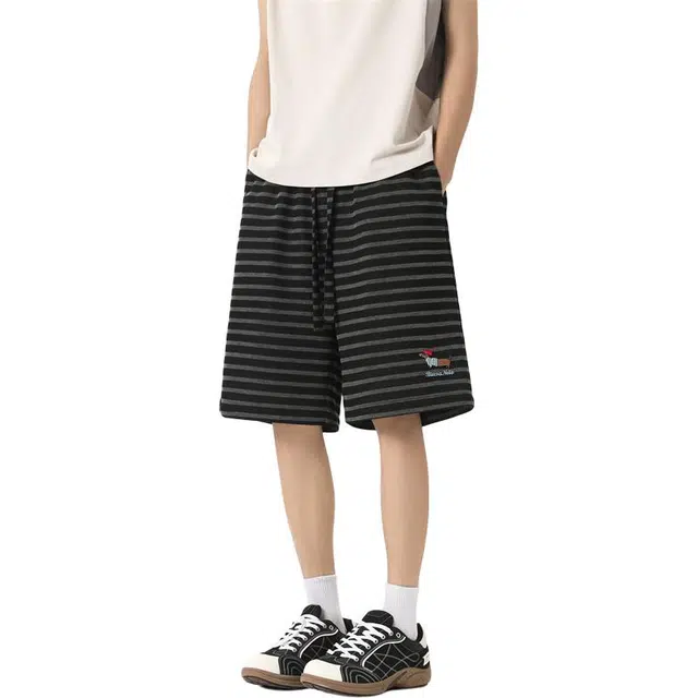 顶峰保罗 腊肠小狗条纹薄款透气直筒五分裤美式高街潮牌宽松舒适小众百搭设计感休闲短裤 男女同款