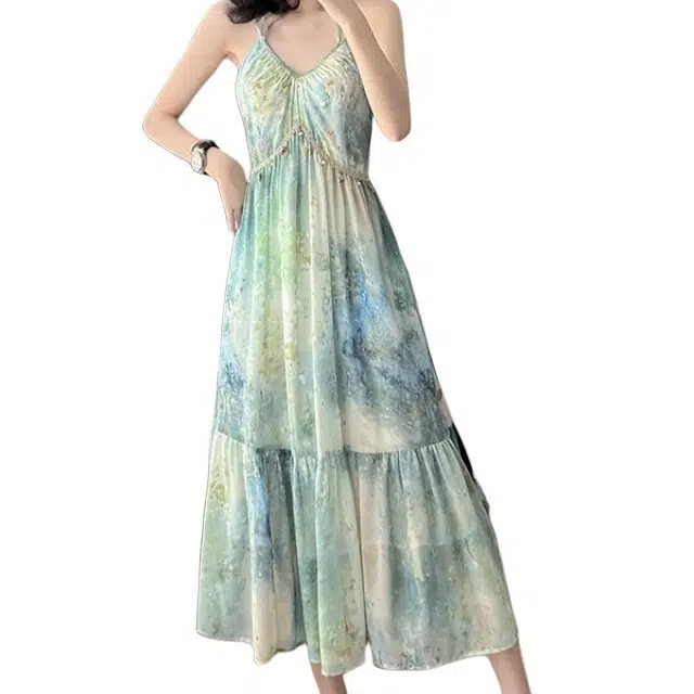 水中花 油画人生裙系带蝴蝶结贝壳设计感吊带裙开衫大码度假裙子裙装套装 女款