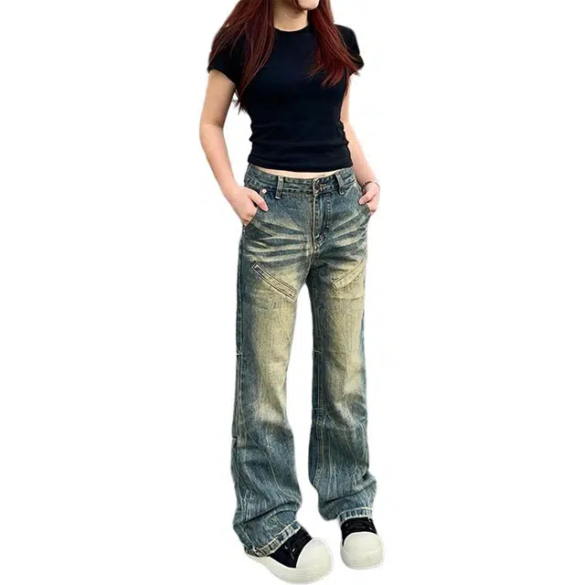 宝米卡 美式做旧拼接潮牌高街微喇长裤牛仔裤 男女同款 复古蓝