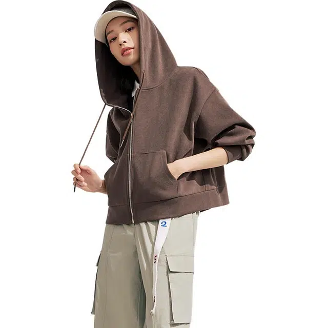 坦博尔 纯色拉链短款连帽长袖夹克外套 女款