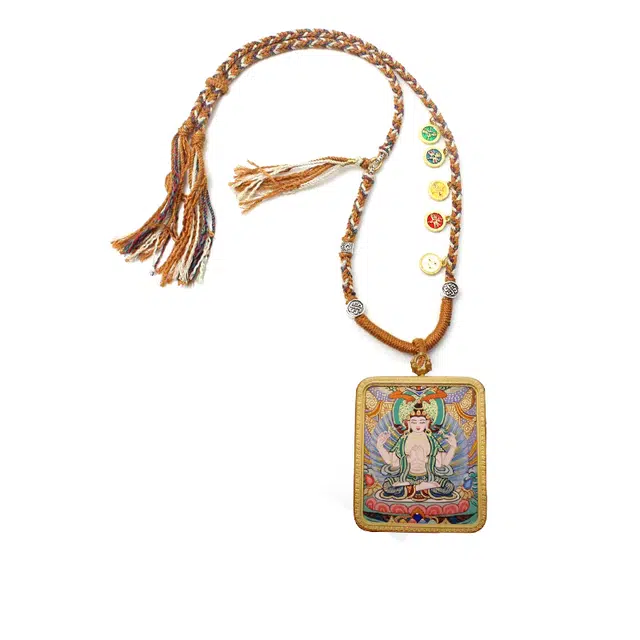 玉临门 【臻藏.文创】藏式 四臂观音热贡手绘唐卡 招财纳福 平安 复古民族风编绳唐卡 合金 项链 男女同款情侣款