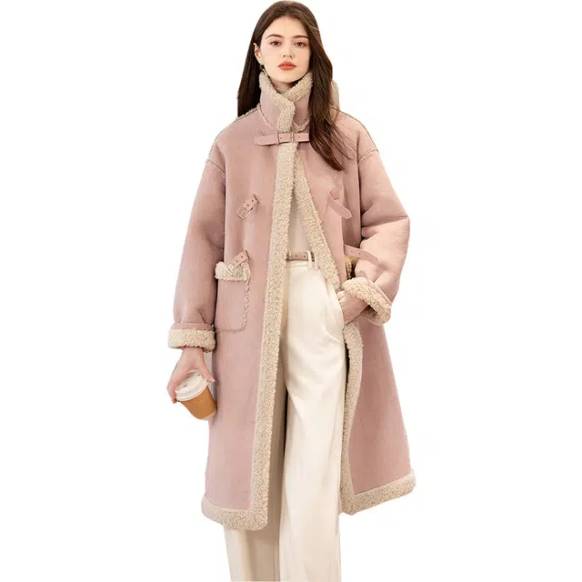 她池 甜美风拼接宽松中长款大衣 女款 粉色