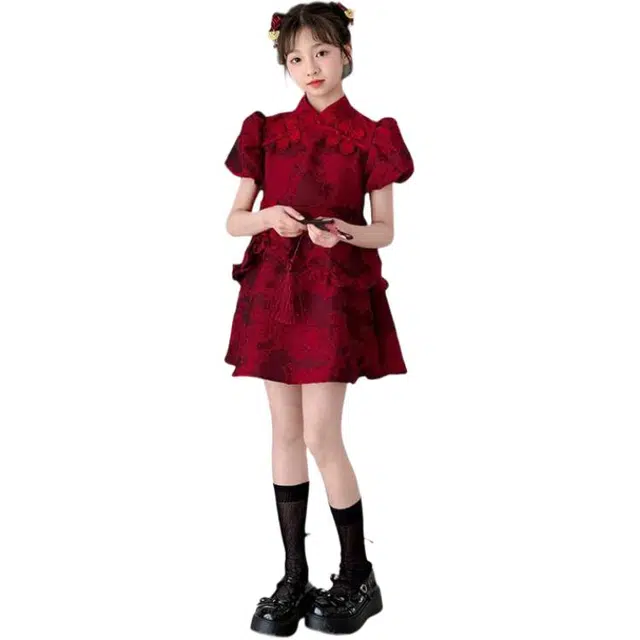 雅鹿儿童旗袍 时尚潮流简约 酒红 儿童款