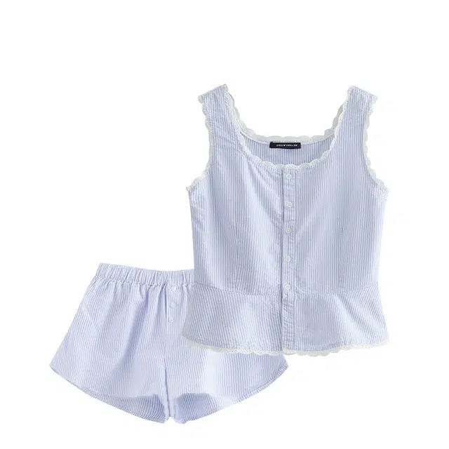 俏韵 舒适透气大码无袖吊带上衣家居服可外穿三分裤睡衣套装 女款 蓝色