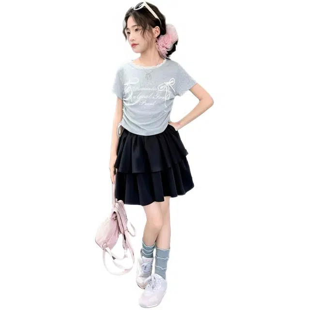 木木兔裙装套装  时髦洋气夏季薄款中大童女孩时尚百搭百褶裙学院风舒适两件套