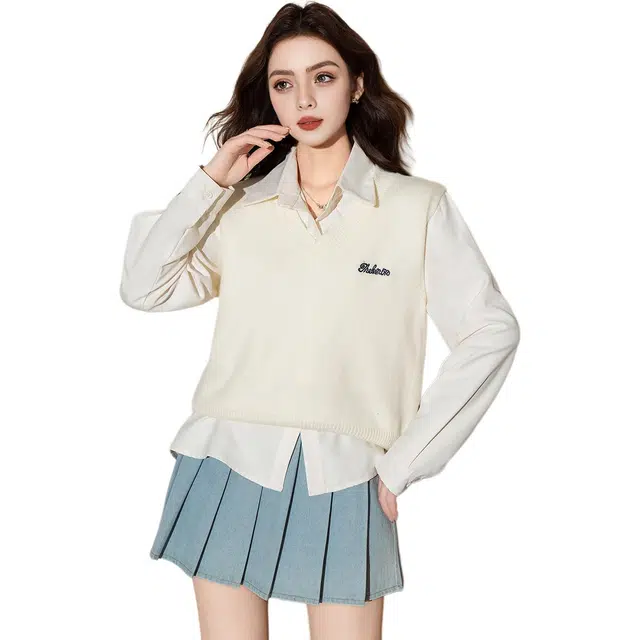 法文箱子 字母刺绣针织马甲长袖衬衫套装 女款