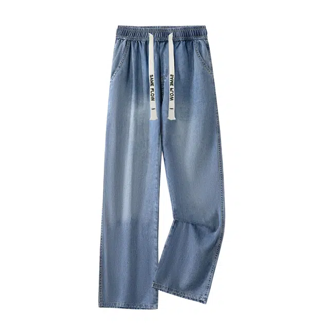 华夏儿女 美式高街潮牌莱赛尔冰丝凉感薄款宽松直筒阔腿水洗做旧潮流百搭款牛仔裤 男女同款