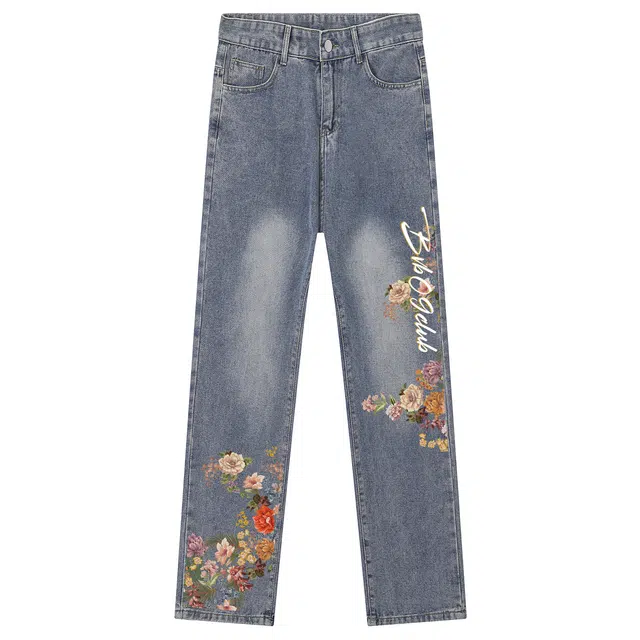 普鲁士多特蒙德 潮牌花卉设计感直筒休闲男高街阔腿小众美式涂鸦潮流高级百搭时尚牛仔裤  男女同款