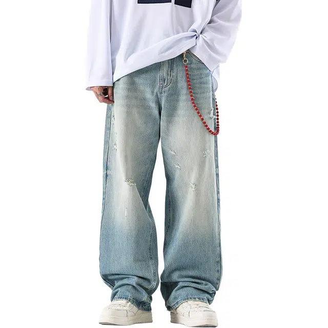 宝米卡 设计感水洗破洞长裤美式复古宽松阔腿休闲牛仔裤 男女同款 湖水蓝