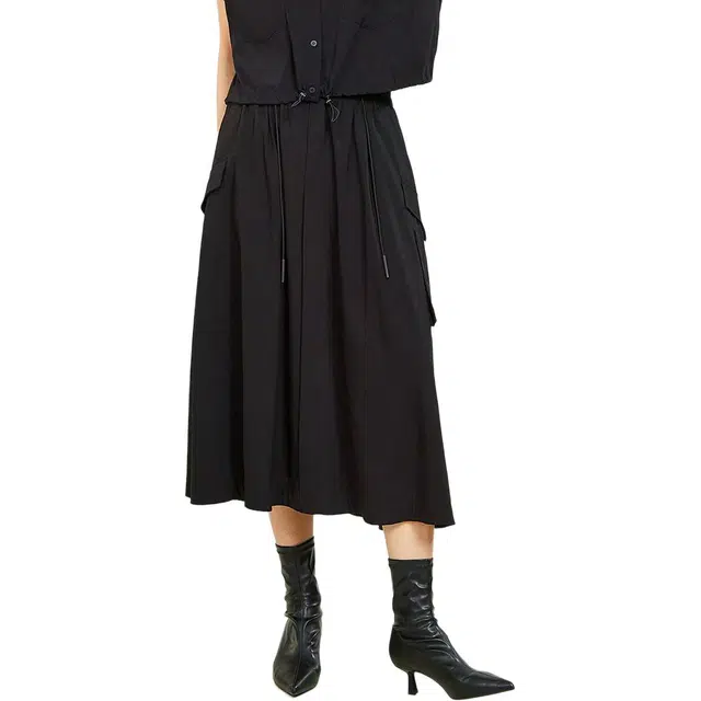 木果果木 黑色松紧腰工装纯色宽松通勤高腰休闲长裙 女款