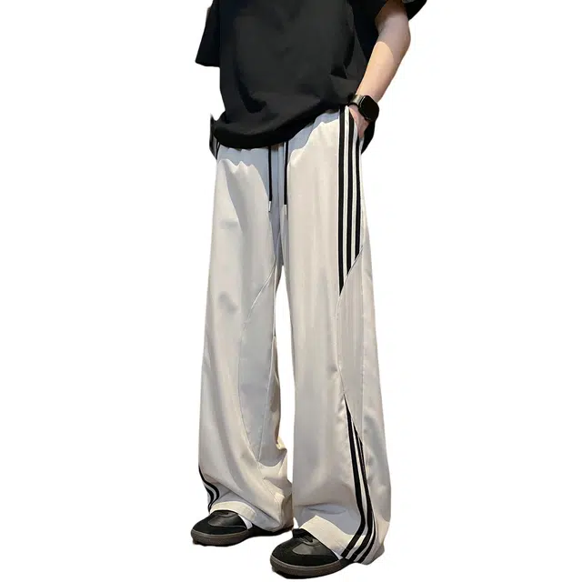 哲源 夏季薄款 凉感透气冰丝速干侧边撞色三条杠设计感机能弯刀裤美式复古纯色基础款百搭宽松直筒运动垂感休闲裤 男女同款