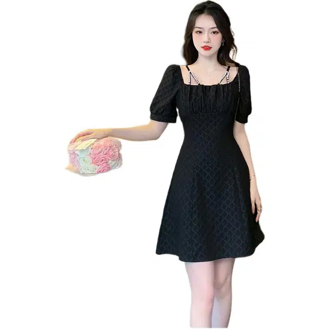 沐晓欣 法式小香风提花高级设计感钉珠减龄显瘦休闲时尚气质仙短袖连衣裙 女款