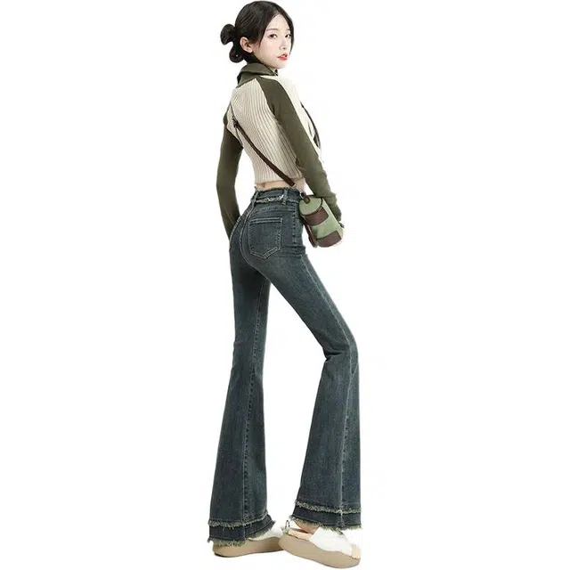 么宁 微喇薄款高腰显瘦马蹄喇叭裤子女牛仔裤 女款