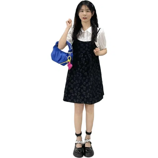 哒头下雨不愁 法式温柔风泡泡袖短袖衬衣高腰复古小众碎花吊带裙裙装套装 女款