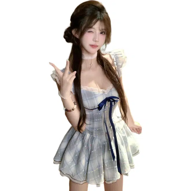 黛尔佳人 法式甜美复古纯欲风格子设计感小众显瘦收腰短裙无袖连衣裙 女款