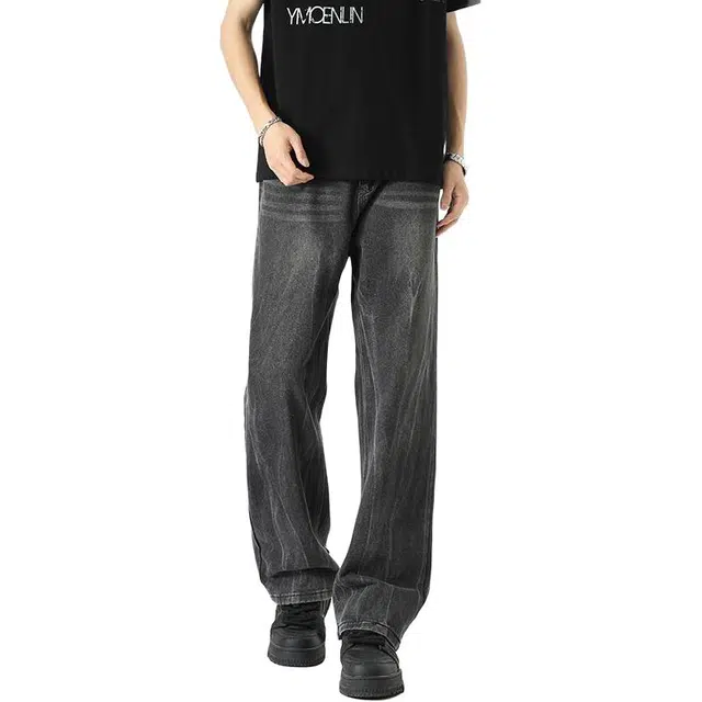 宝米卡 美式百搭宽松直筒时尚阔腿牛仔裤 男女同款