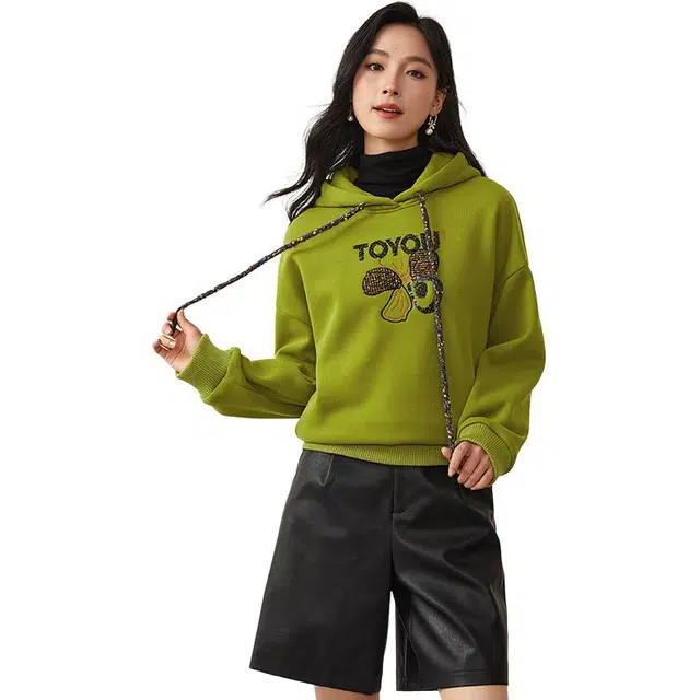 欧昵雪 抽绳连帽舒适时尚宽松卫衣 女款 牛油果绿