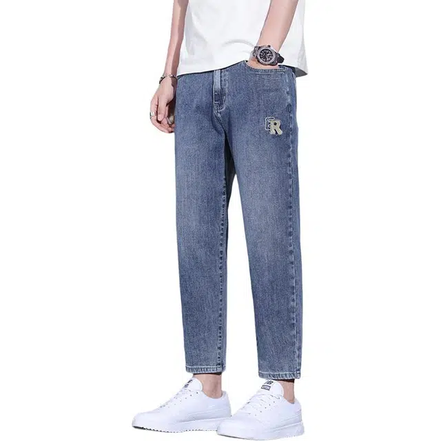 么宁 字母刺绣简约百搭设计感弹力潮流时尚修身直筒舒适透气个性痞帅九分牛仔裤 男女同款