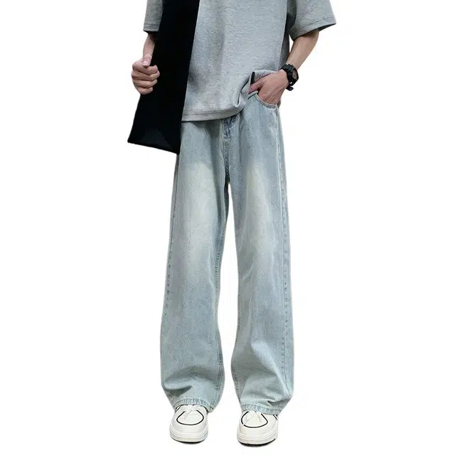 佐菲利 夏季超薄款港风复古做旧水洗柔软百搭宽松休闲直筒长裤潮牛仔裤 男女同款
