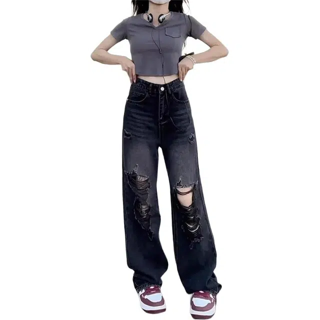 单爵 破洞夏季薄款美式裤子潮牌痞帅炸街工装牛仔裤 男女同款