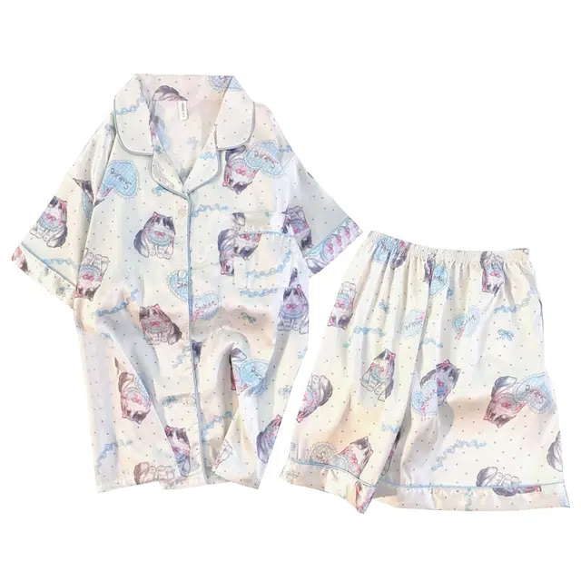 俏韵 翻领夏季卡通猫咪冰丝舒适短袖短裤甜美薄款家居服可外穿睡衣套装 女款