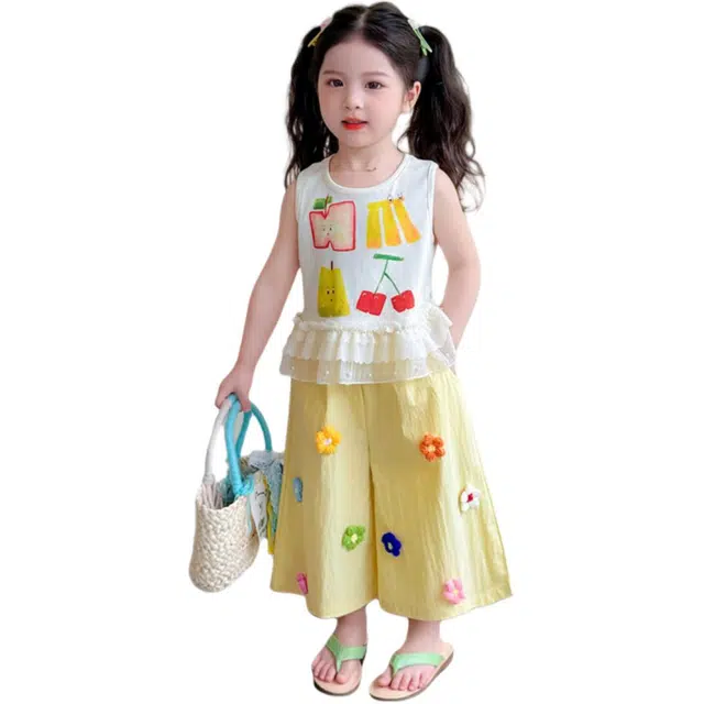 天才小熊休闲运动套装 女童夏季大童潮牌小孩衣服 小女孩水果印花 短袖洋气时髦 漂亮 甜美