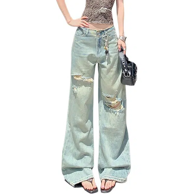 如续 美式街头扣做旧宽松直筒牛仔裤 女款