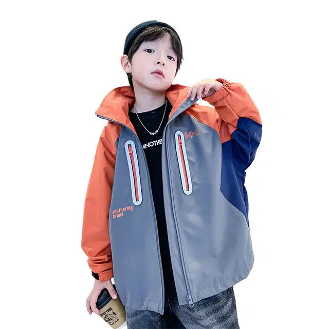 雅鹿 拼色字母连帽拉链长袖派克服 桔色 青少年