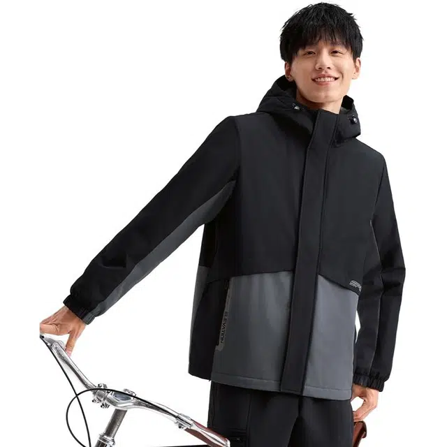 特步 生活系列 保暖字母连帽拉链长袖棉服 男款 正黑色/松鼠灰